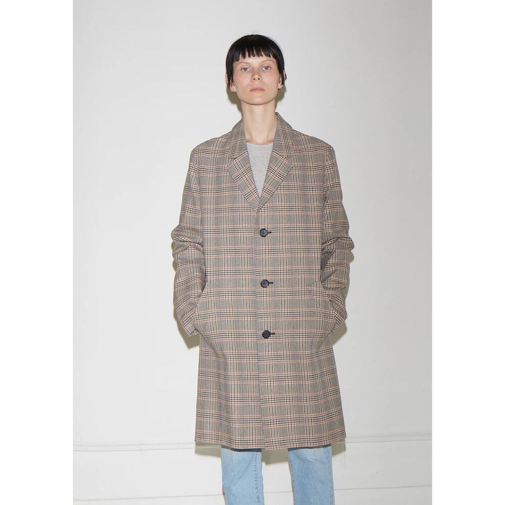 “6397” Plaid Trench Coat Grey Buttons Car Coat Jacket Size XS
